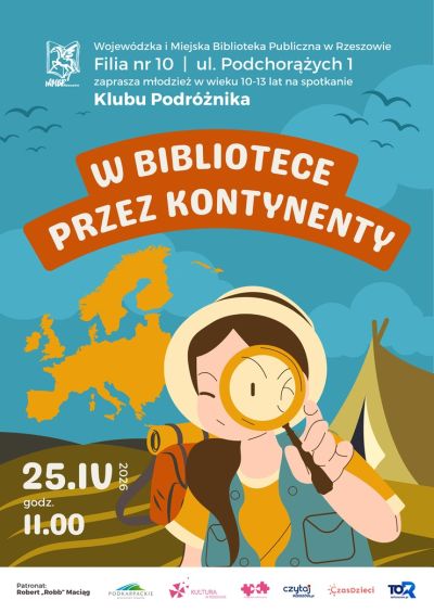 Grafika promująca spotkanie dla młodziezy W bibliotece przez kontynenty IV 2026